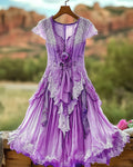 Summer Vintage Floral Lace Patchwork Purple Dress 9144