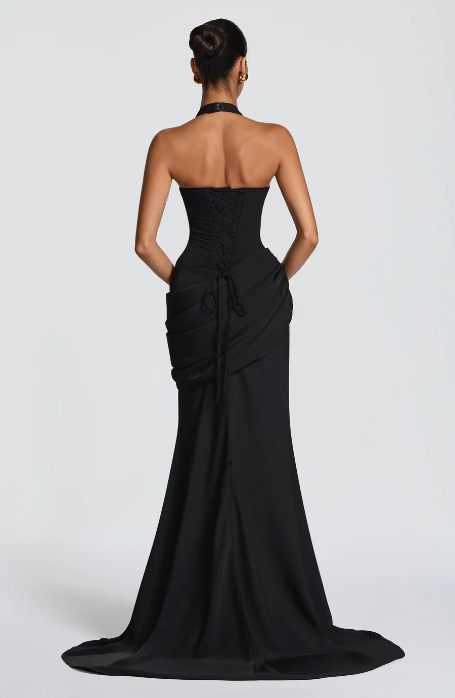 Yellow/Black Halter Neck Ruched Corset Maxi Dress with Train - Elegant Formal Evening Gown