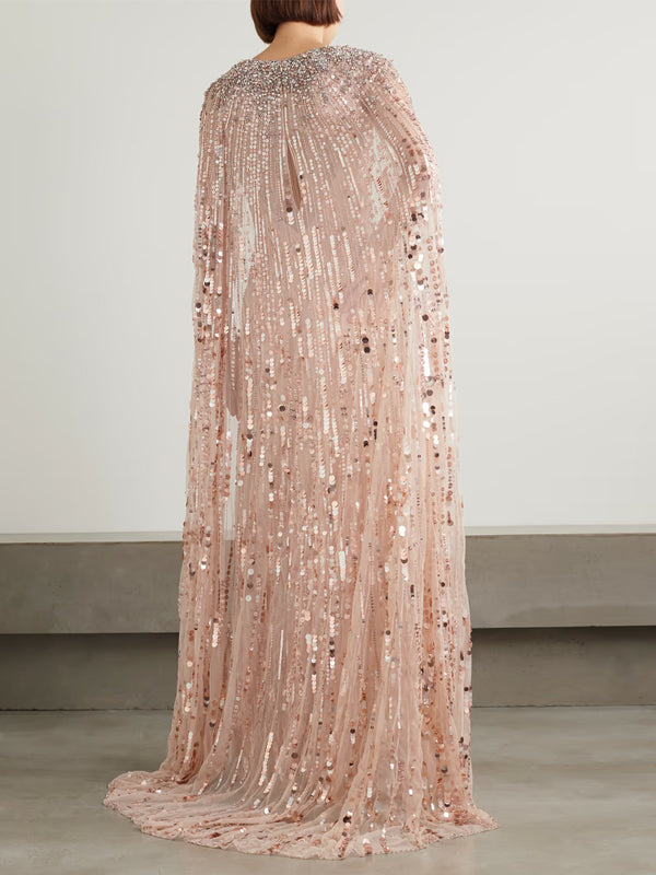 Round Neck Sequined Solid Color Maxi Dress