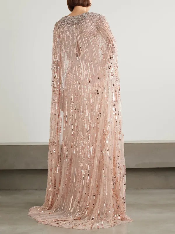 Round Neck Sequined Solid Color Maxi Dress