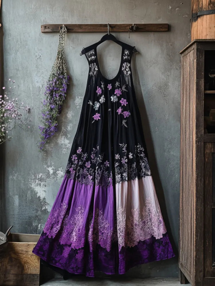 Boho Floral Embroidered Pattern Lace Patchwork Contrast Color Art Linen Dress