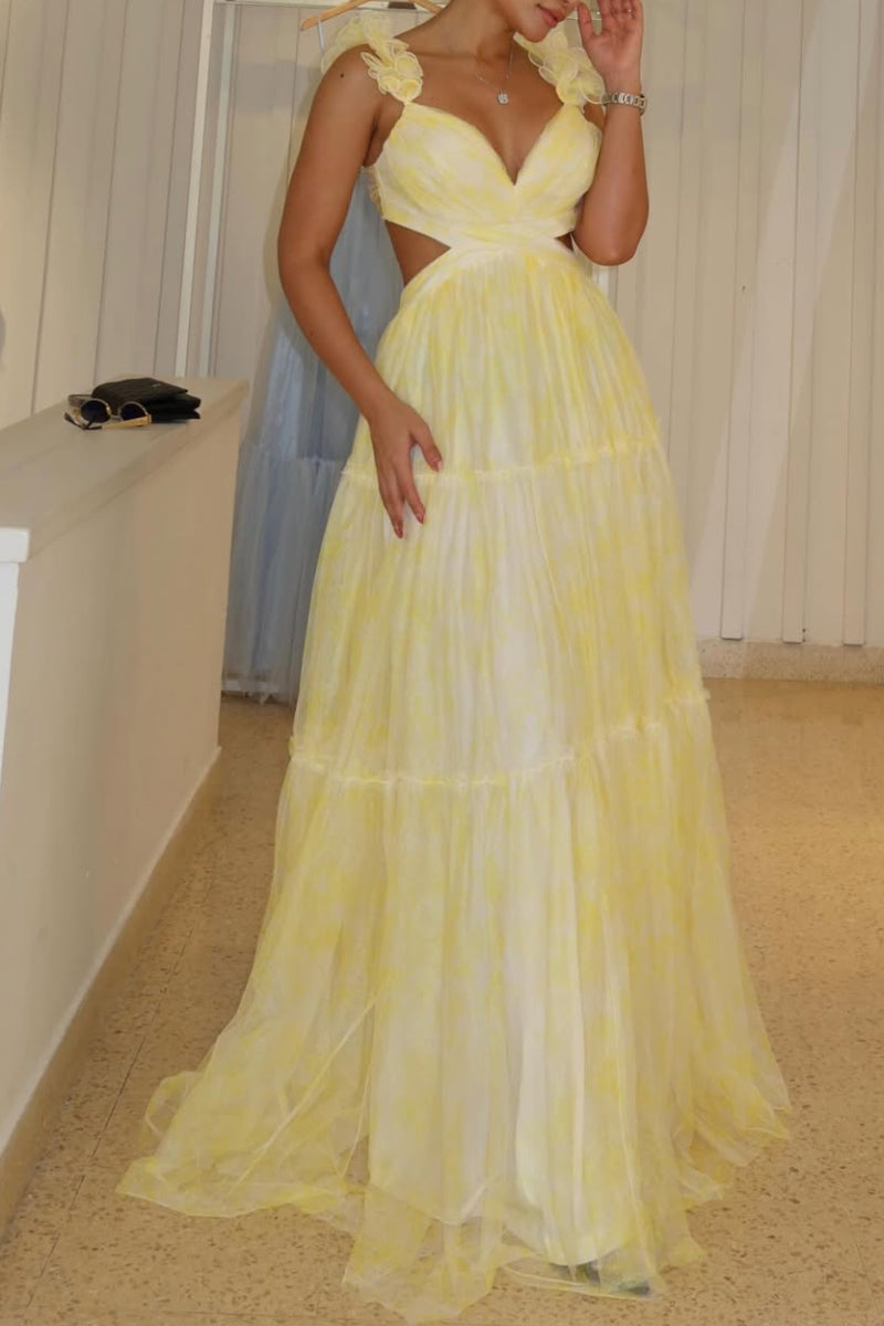 Women's V-Neck Cutout Tiered Tulle Maxi Dress With Flower Straps