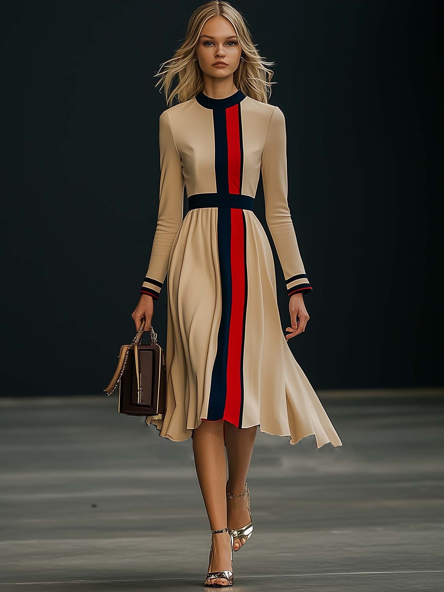 [24-hour shipping out]Elegant Colorblock Long Sleeve Midi Dress