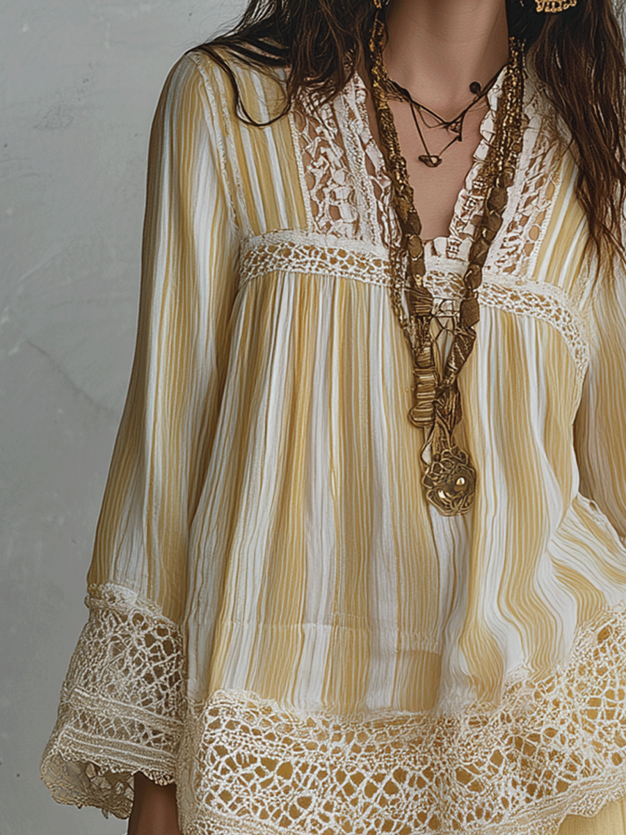 Elegant Vacation Vintage Lace Panel Peasant Blouse