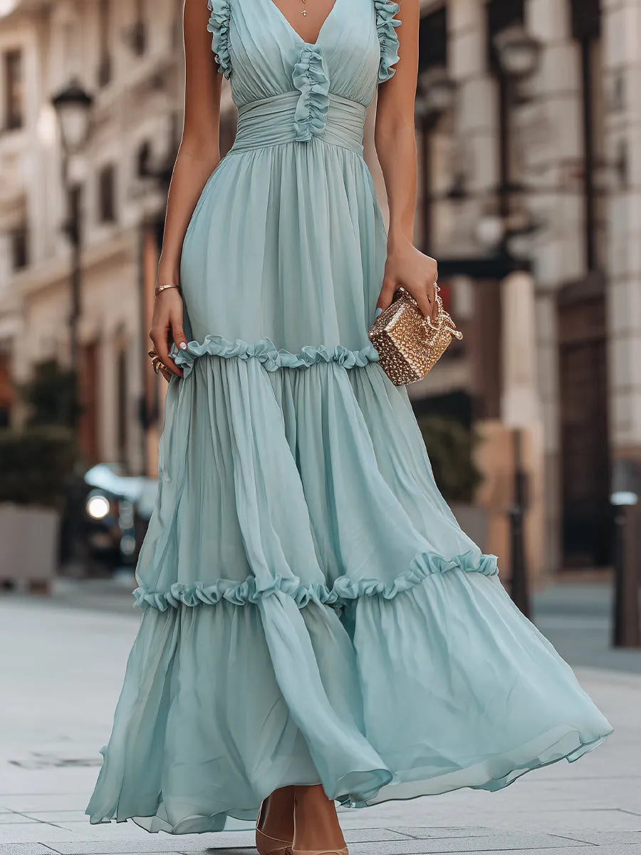 Ruffled V-Neck Sleeveless Tiered Maxi Dress With Flowing Silhouette