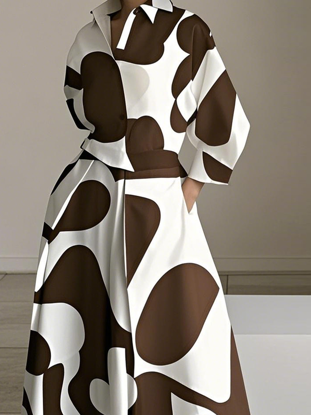 Urban Color Block Printing Shirt Collar Midi Dress With Belt