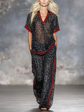 Women's Retro Leopard Art Print Short Sleeve Stylish Casual Top And Pants Suits