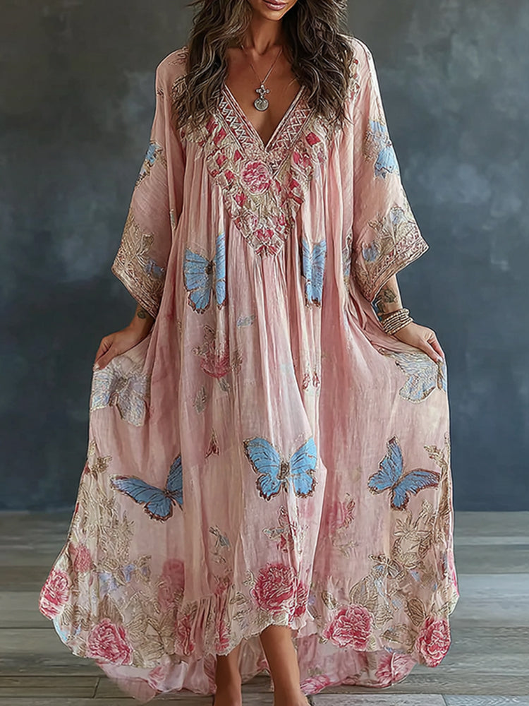 Women's Floral And Butterfly Art Print Flowy Linen Blend Casual Maxi Dress