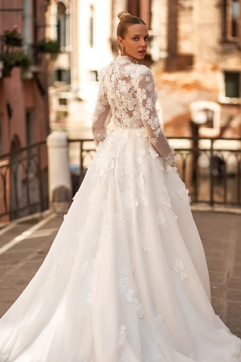 A-line wedding dress 5411,Cathedral wedding dress,3D lace wedding dress,Long sleeves wedding dress, High neck wedding dress