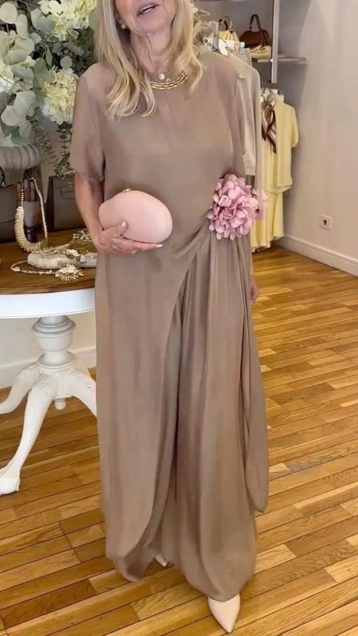 Taupe Chiffon Top & Wide Leg Pants Set