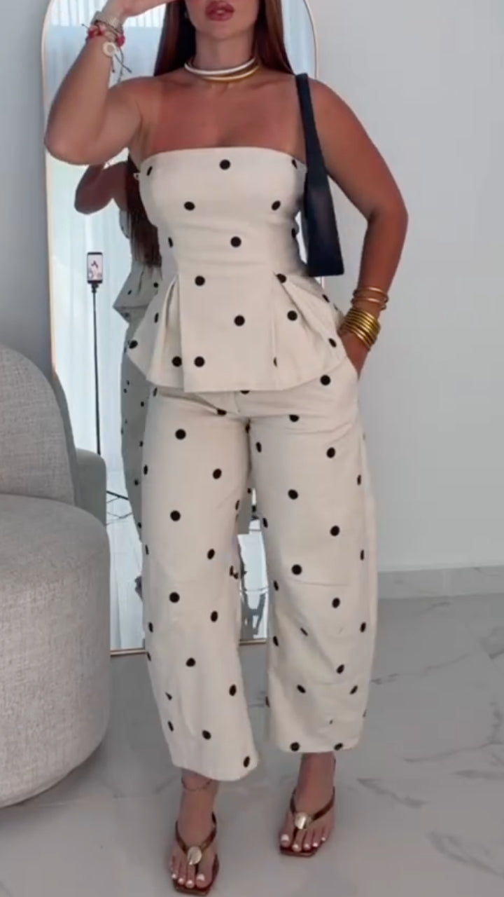 Women's Polka-Dot Strapless Top & Cropped Wide-Leg Pants Two-Piece Set