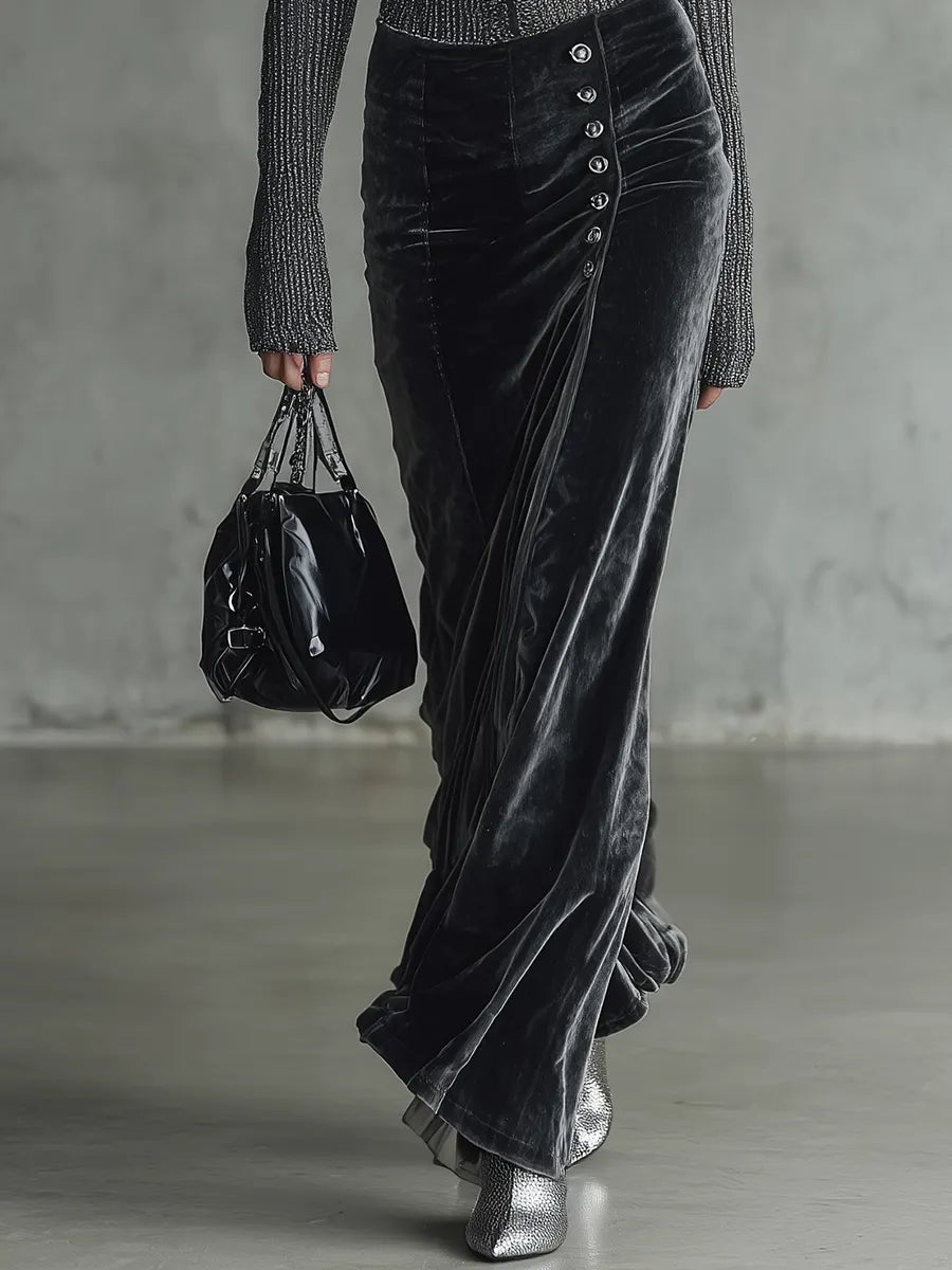 Urban Luxe Metallic Knit Top & Velvet Maxi Skirt Set