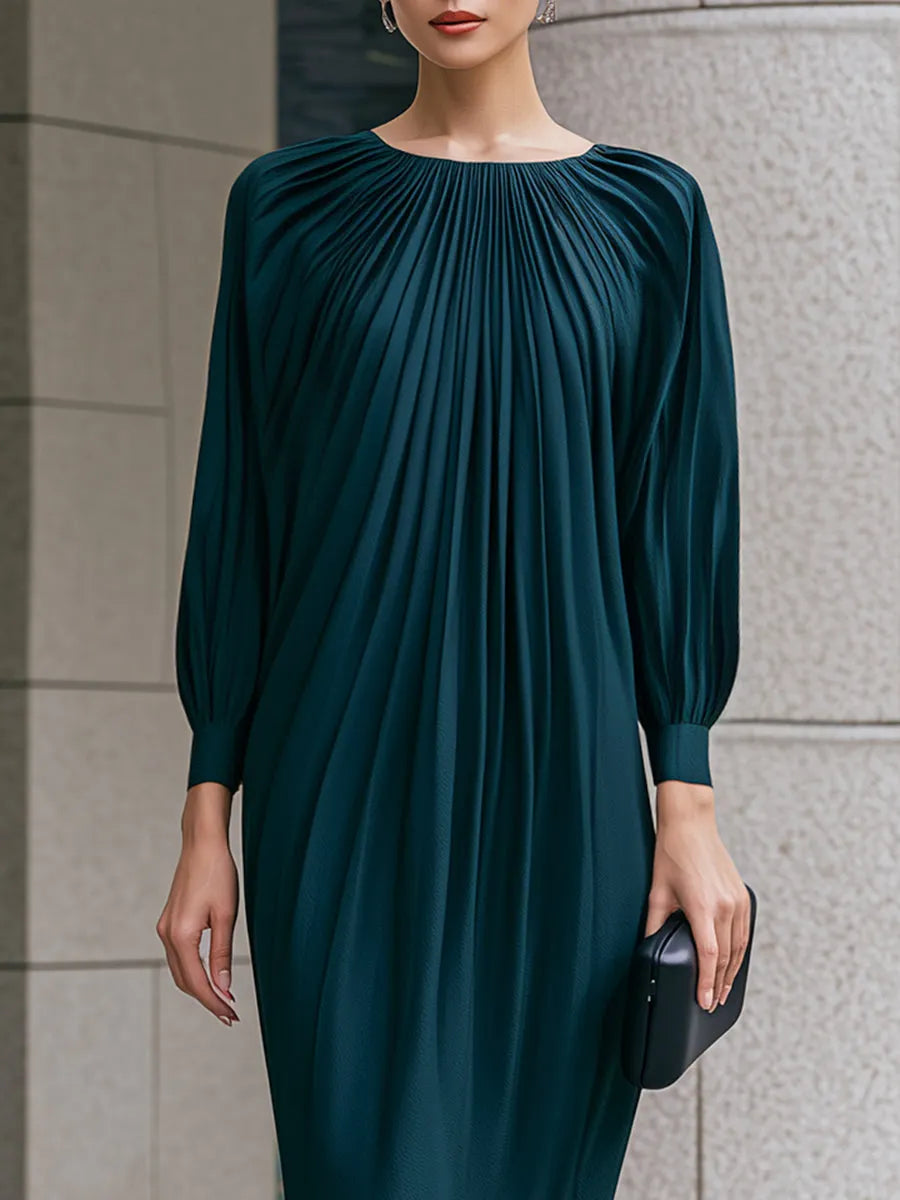 Elegant Pleated Lantern-Sleeve Midi Dress
