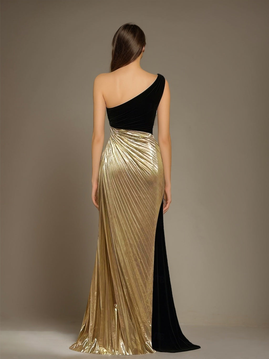 Evening Formal Dress Black Gold Metallic One-Shoulder Maxi Gown