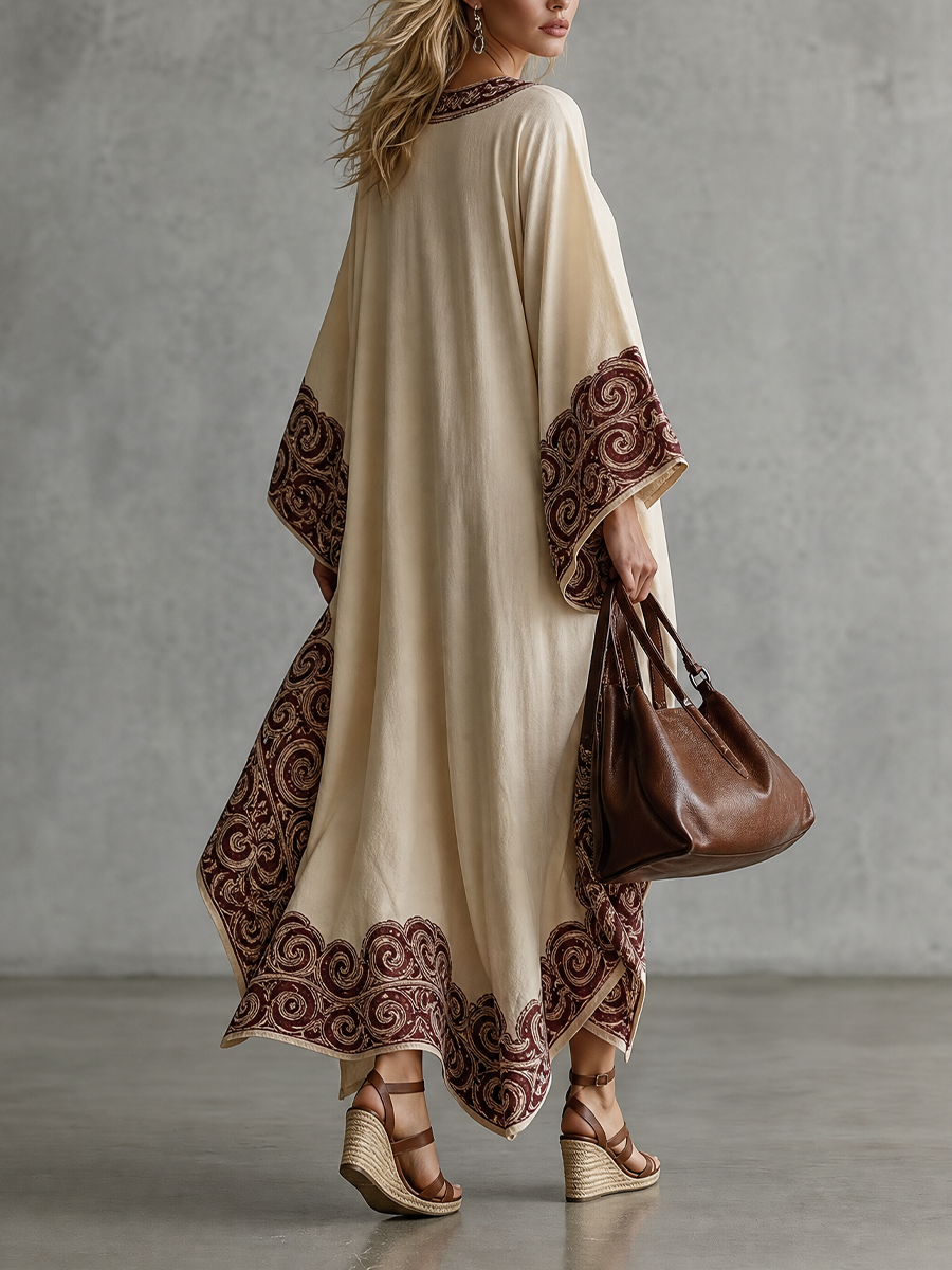 Mediterranean Luxe Paisley Border Caftan Midi Dress