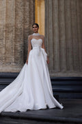P3094 - A-Line Beaded High Neck Bow-Knots Long Sleeves Pleated Beach Wedding Gown
