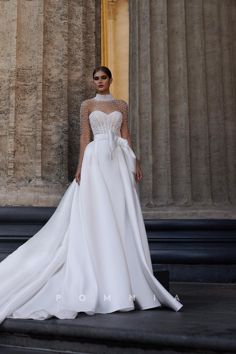 P3094 - A-Line Beaded High Neck Bow-Knots Long Sleeves Pleated Beach Wedding Gown
