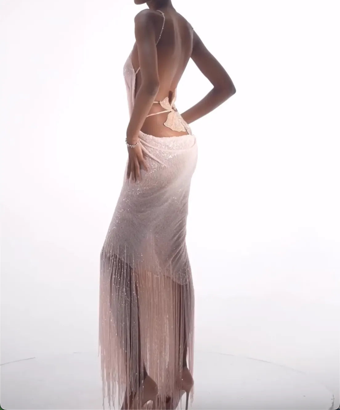 Blush Pink Halter Open Back Fringe Maxi Evening Dress - 3D Floral Beaded Mesh Formal Gown