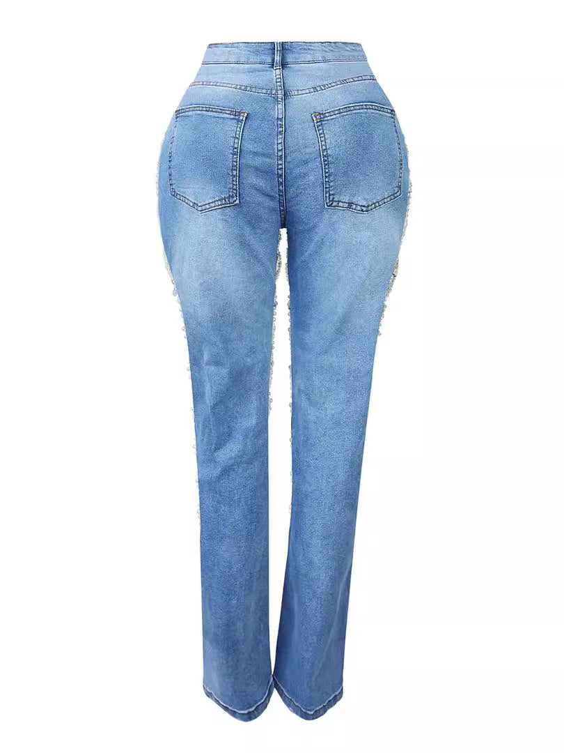 Distressed Denim Jeans with Pearl Chain Details