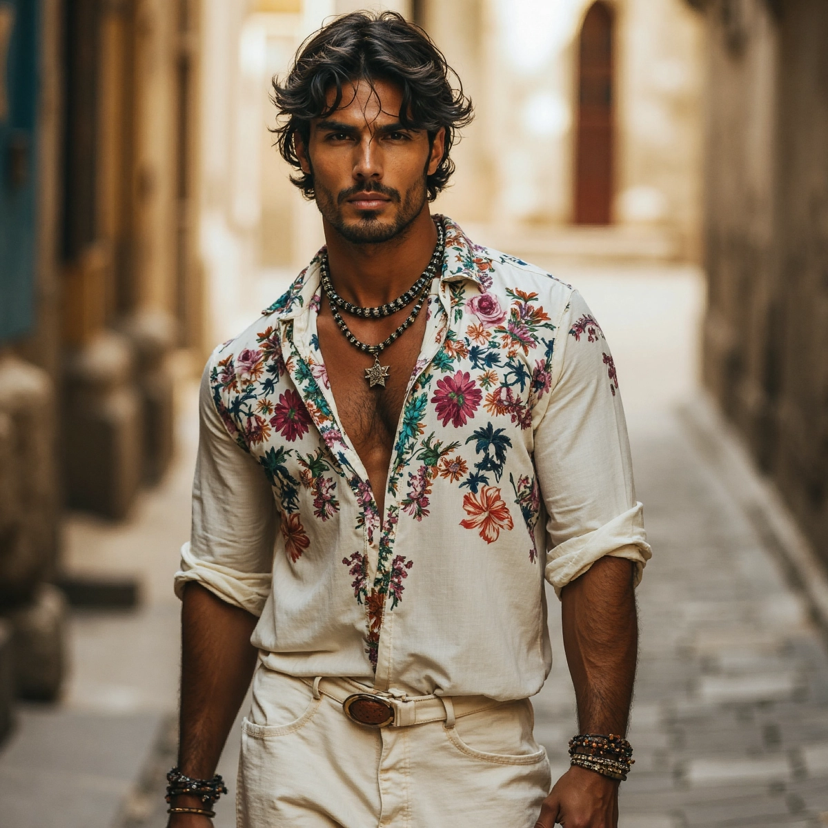 Men's Bohemian Floral Casual Linen Shirt