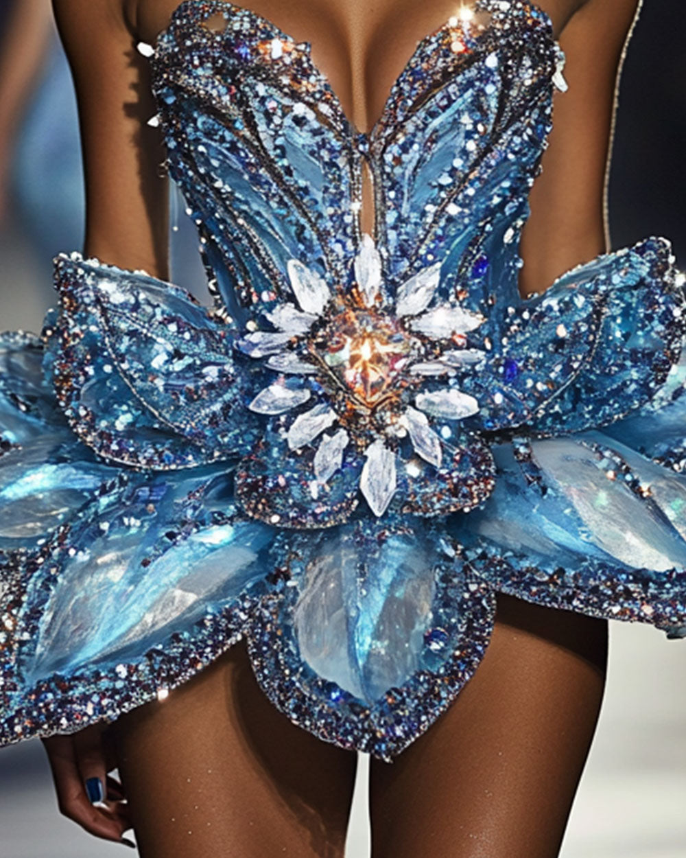 Sexy Rhinestone Crystal Embellished Sequin 3D Flower Skirt Mini Dress