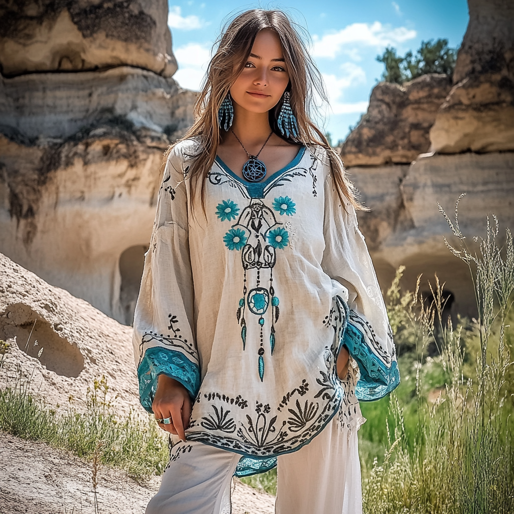 Vintage Tribal Dreamcatcher Tassel Embroidered Linen Tunic Shirt