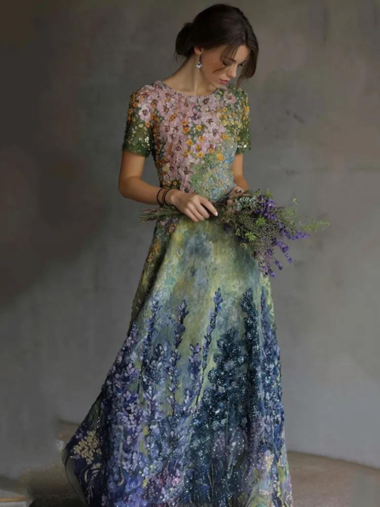 Art Oil Painting Lavender Floral Sequin Gradient Maxi Dress