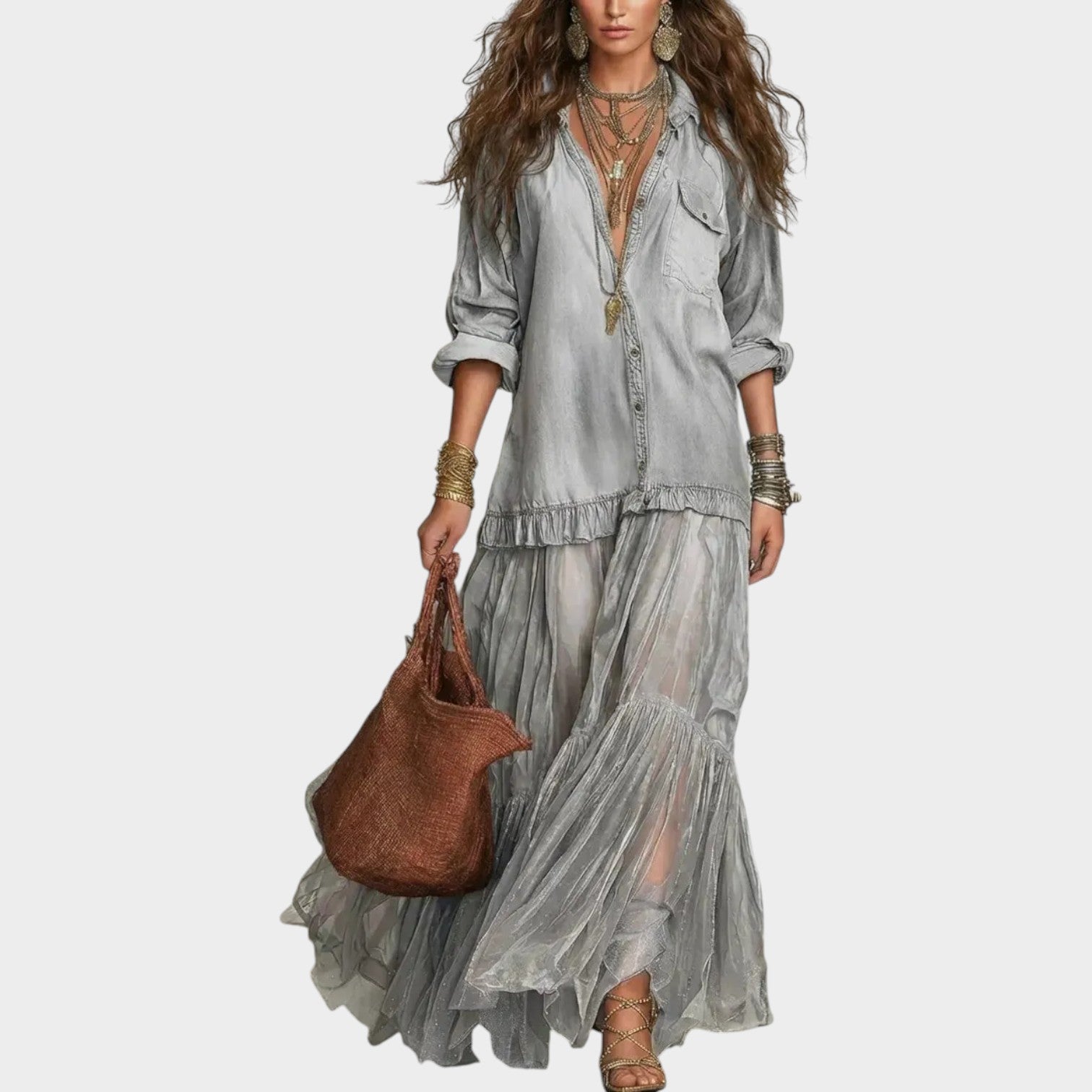 Boho Denim & Sheer Maxi Dress