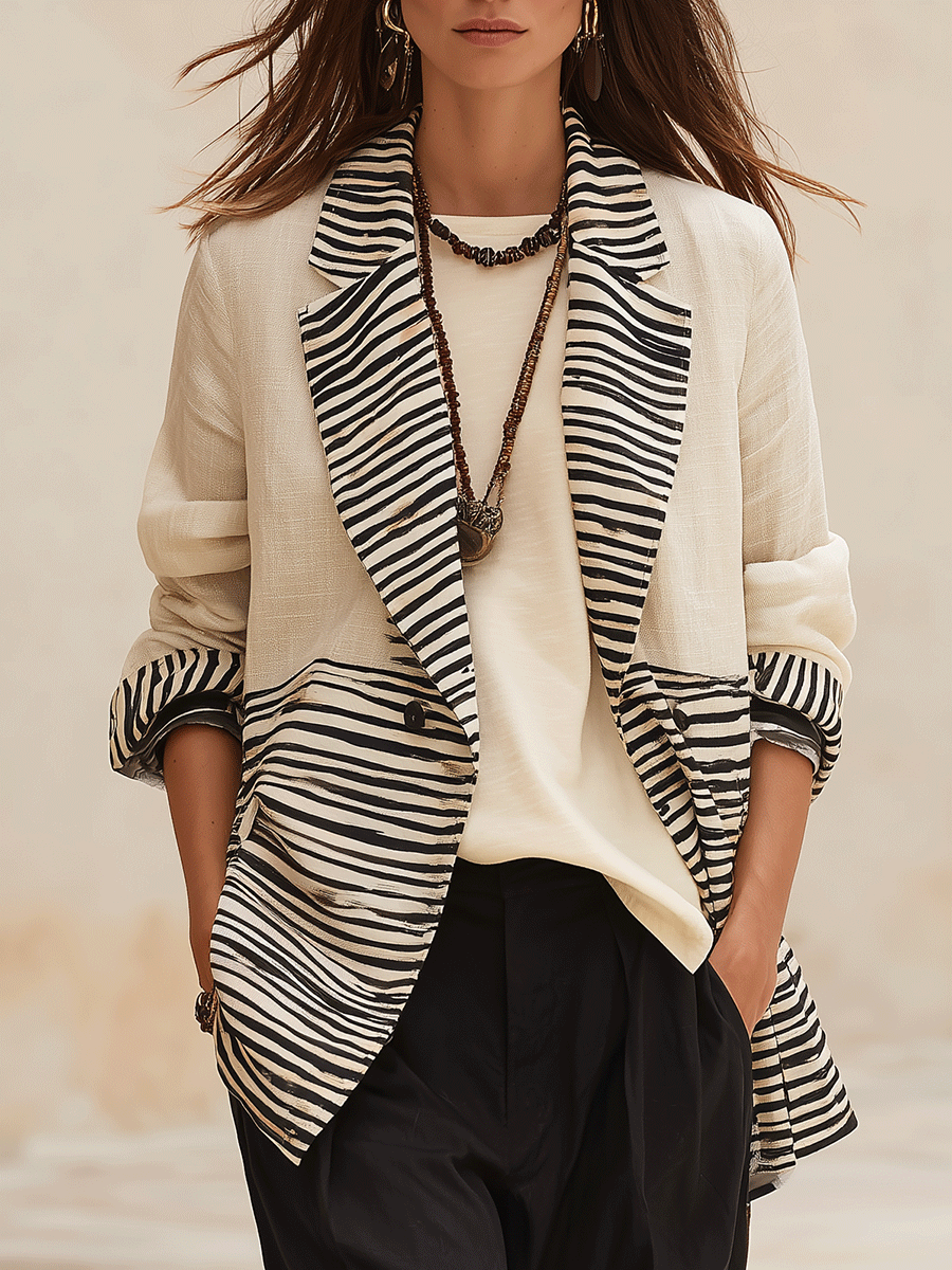 Women's Linen Blend With Zebra Print Contrast Lapel Blazer