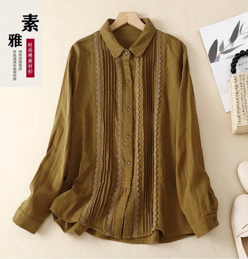 Women's Patchwork Lace Trim Linen And Cotton Pleated Shirt