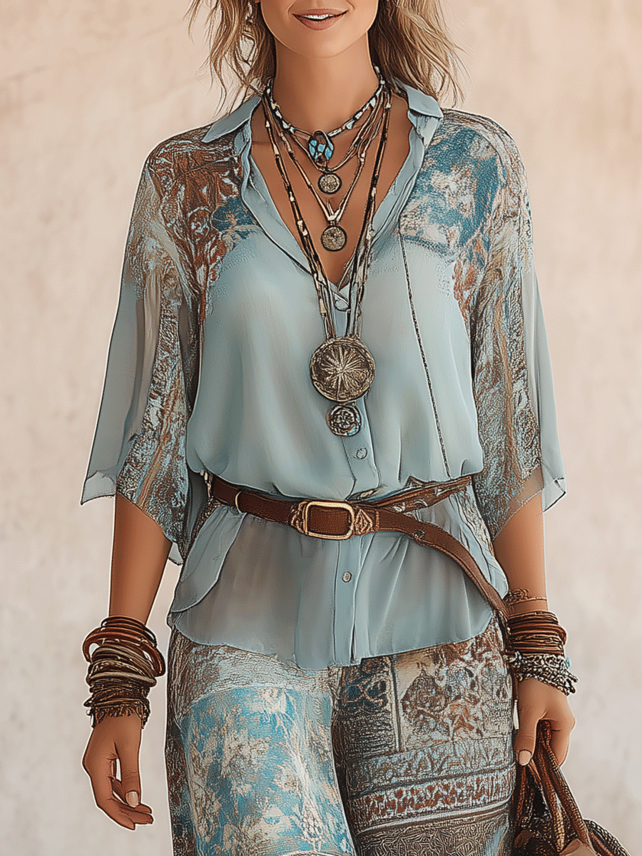 Effortless Boho Aqua Blue Printed Two-Piece Set