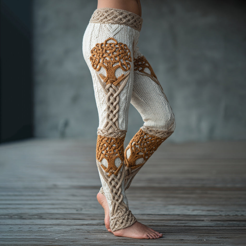 Vintage Viking Tree Of Life Celtic Knot Art Knit Jacquard Cozy Leggings