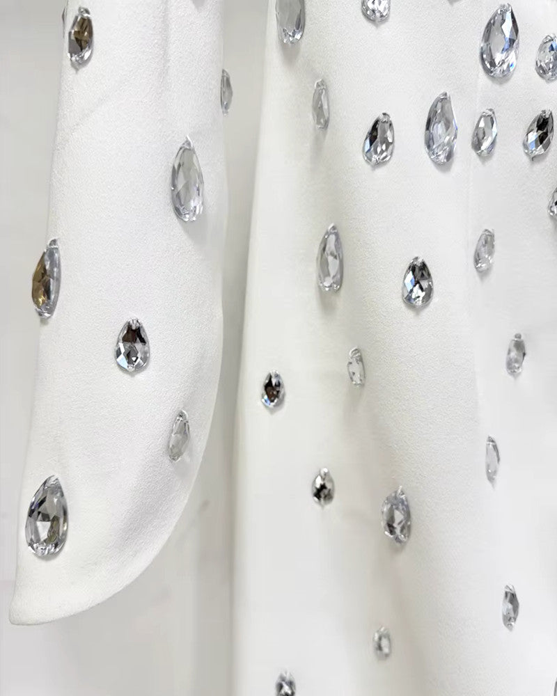 Long Sleeve Bardot Crystal Maxi Dress White