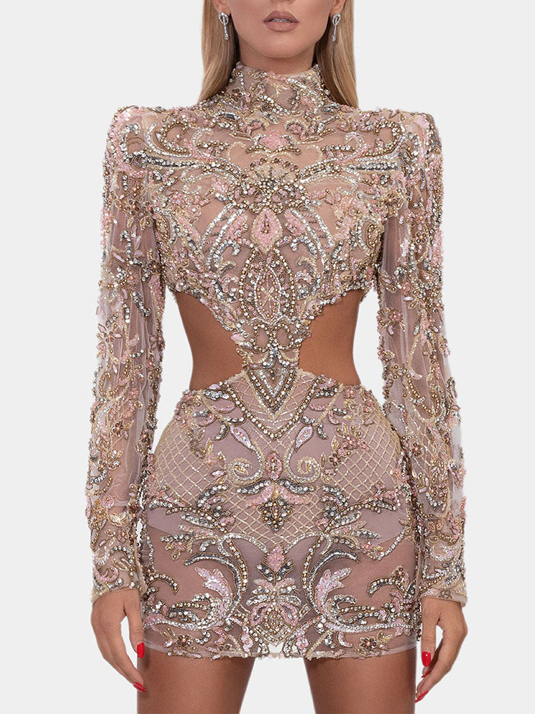 Stand Collar Belly-Hollow Jacquard Long Sleeve Evening Mini Dress