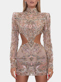 Stand Collar Belly-Hollow Jacquard Long Sleeve Evening Mini Dress