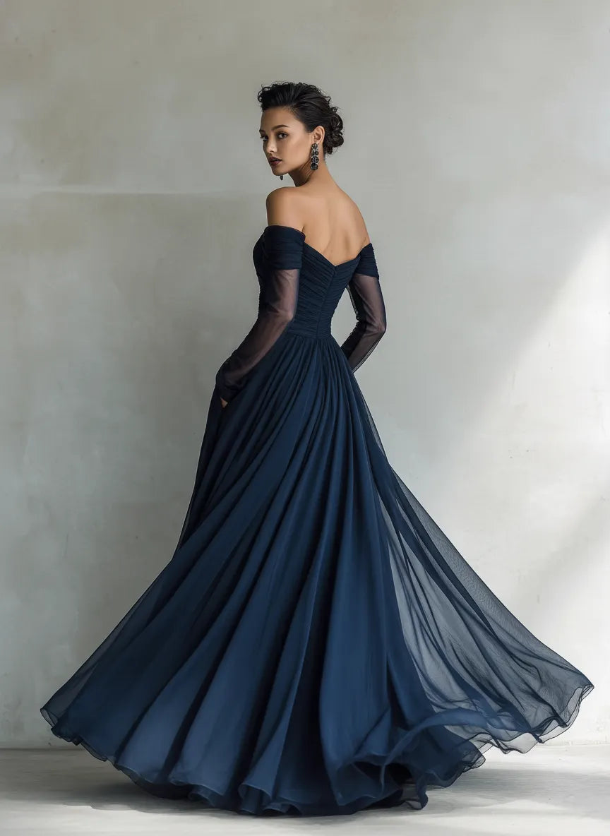 Elegant Off-Shoulder Chiffon Organza Maxi Dress