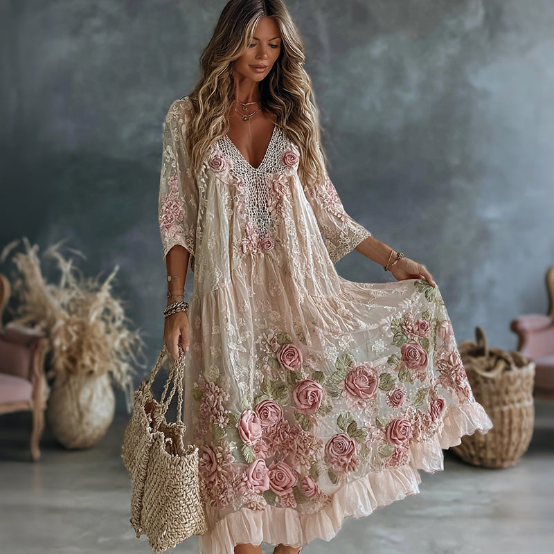 Women's Vintage Retro Floral Art Flowy Linen Blend Casual Long Sleeve Maxi Dress