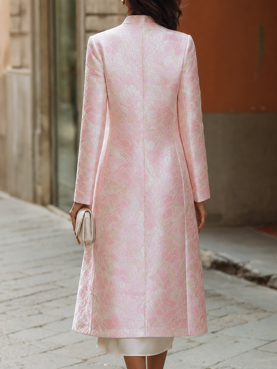 Elegant Pink Floral Jacquard Longline Coat