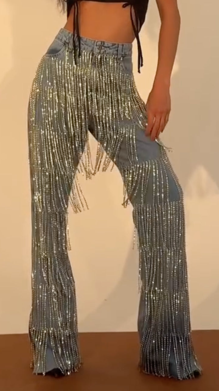 Rhinestone Fringe Flare Jeans