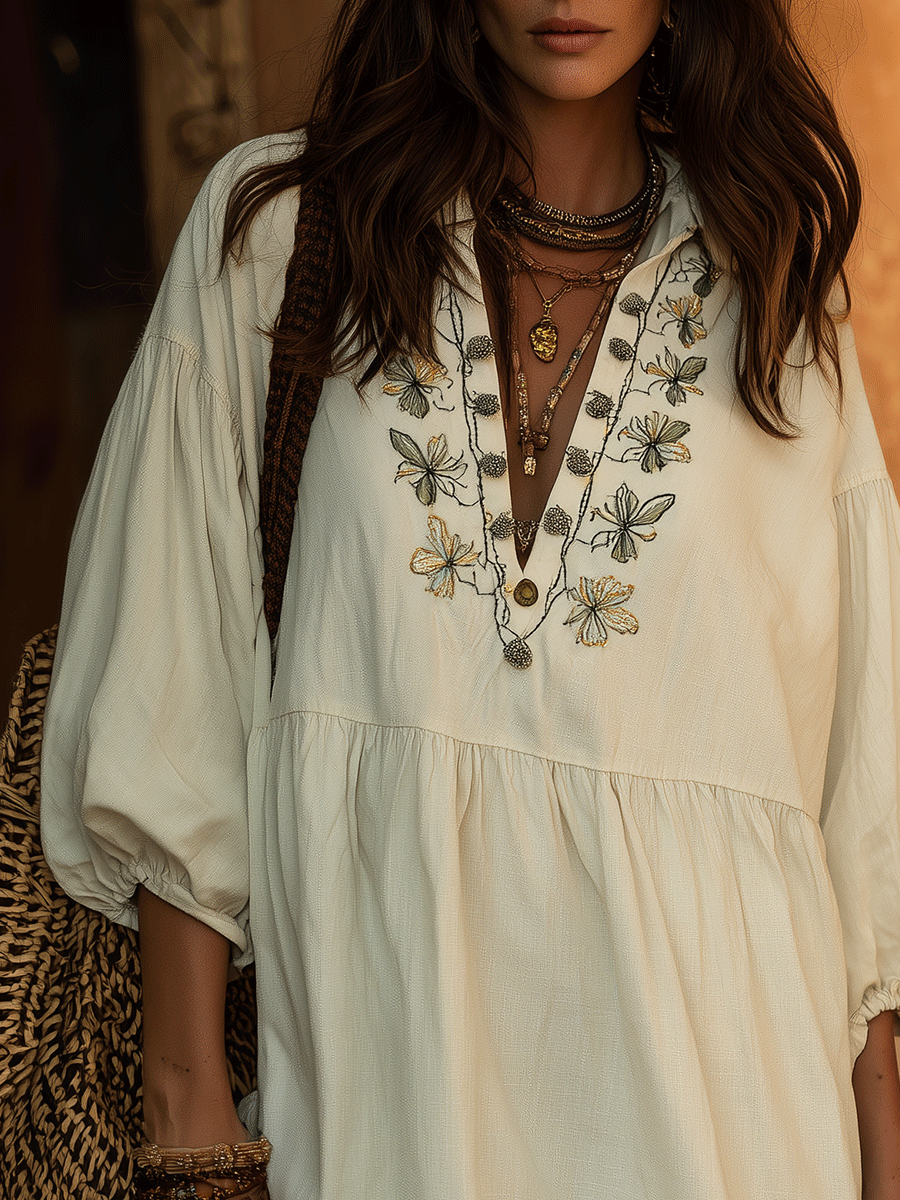 Chic Ivory Botanical Stitch Lightweight Flowy Casual Summer Mini Dress