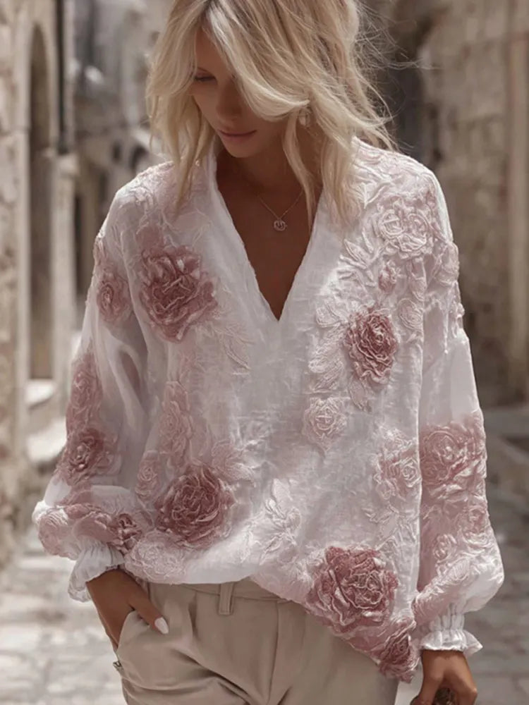Women's Floral Embroidery Linen V-neck T-shirt