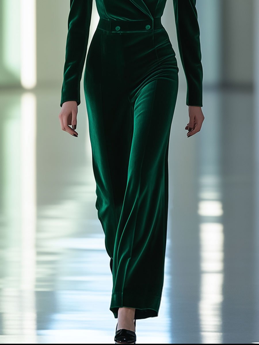 [24-hour shipping out]Casual Loose Retro Green Velvet Double-Layer Lapel Long-Sleeved Jumpsuit