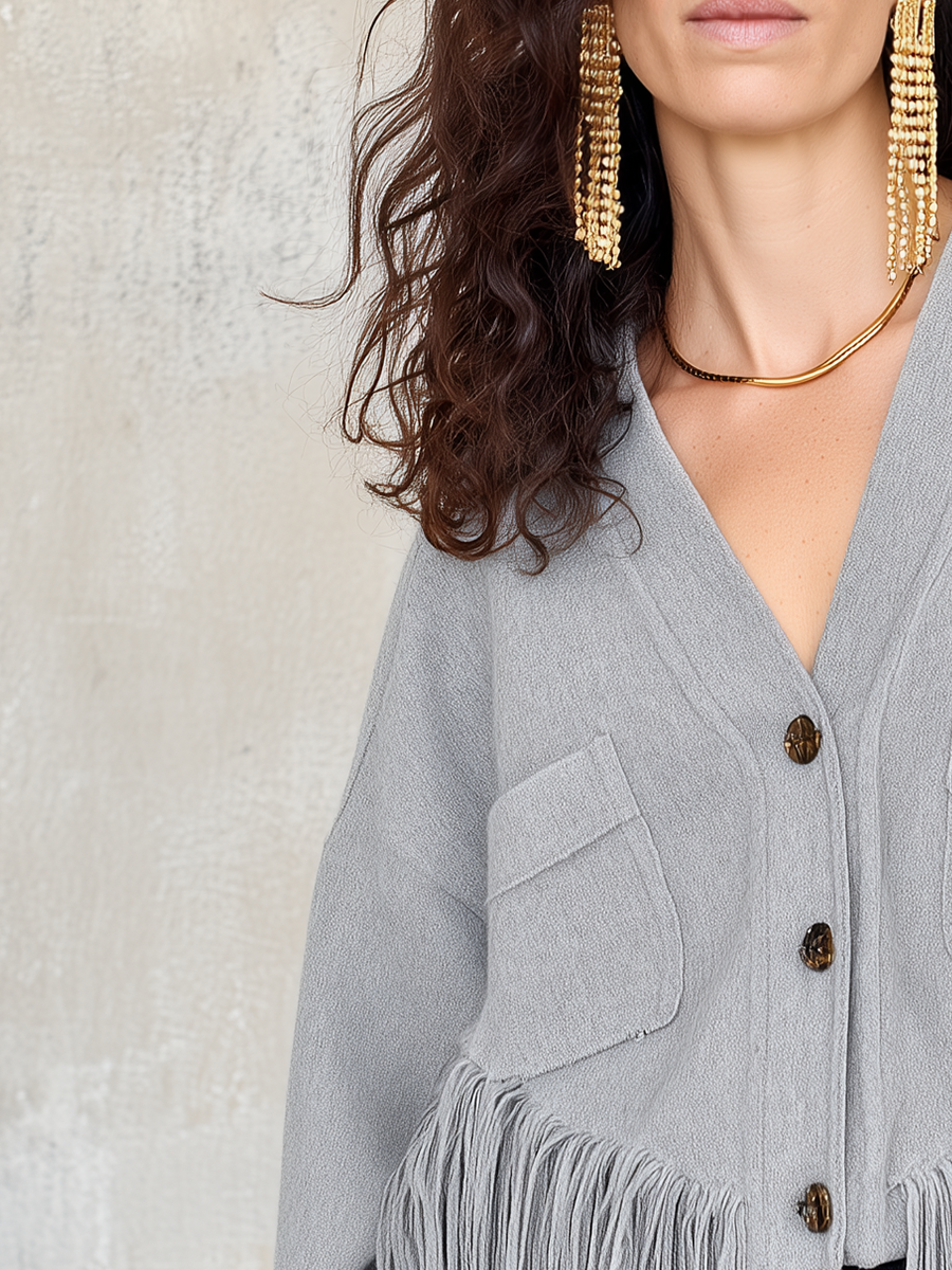Relaxed Light Gray Fringe Cardigan