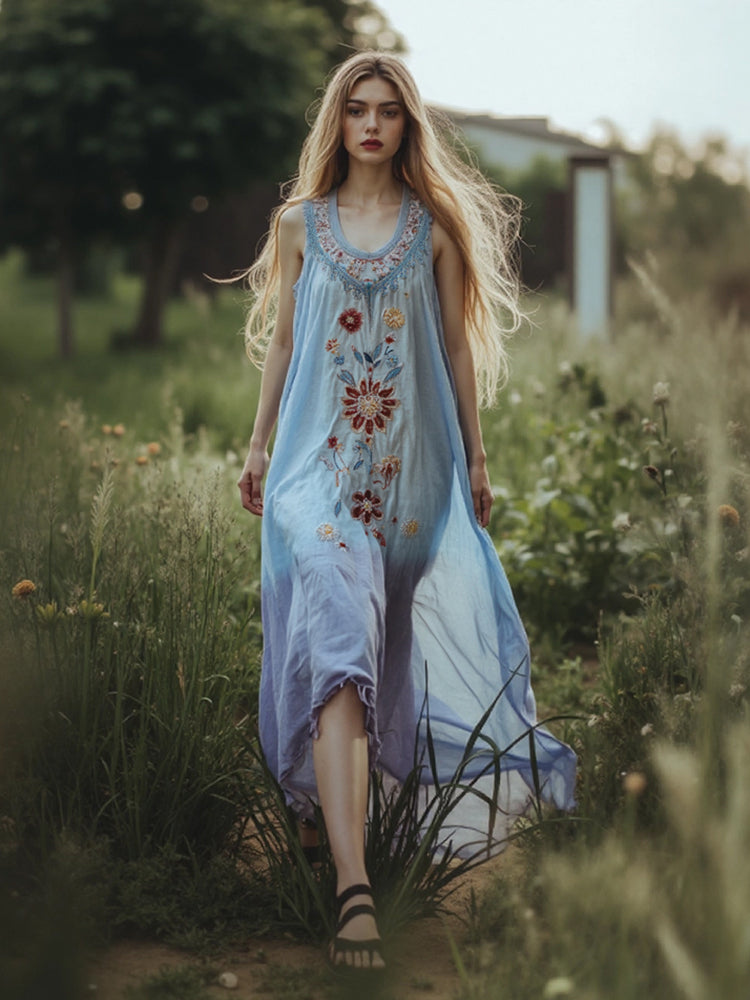Women's Boho Floral Art Linen Tank Dress