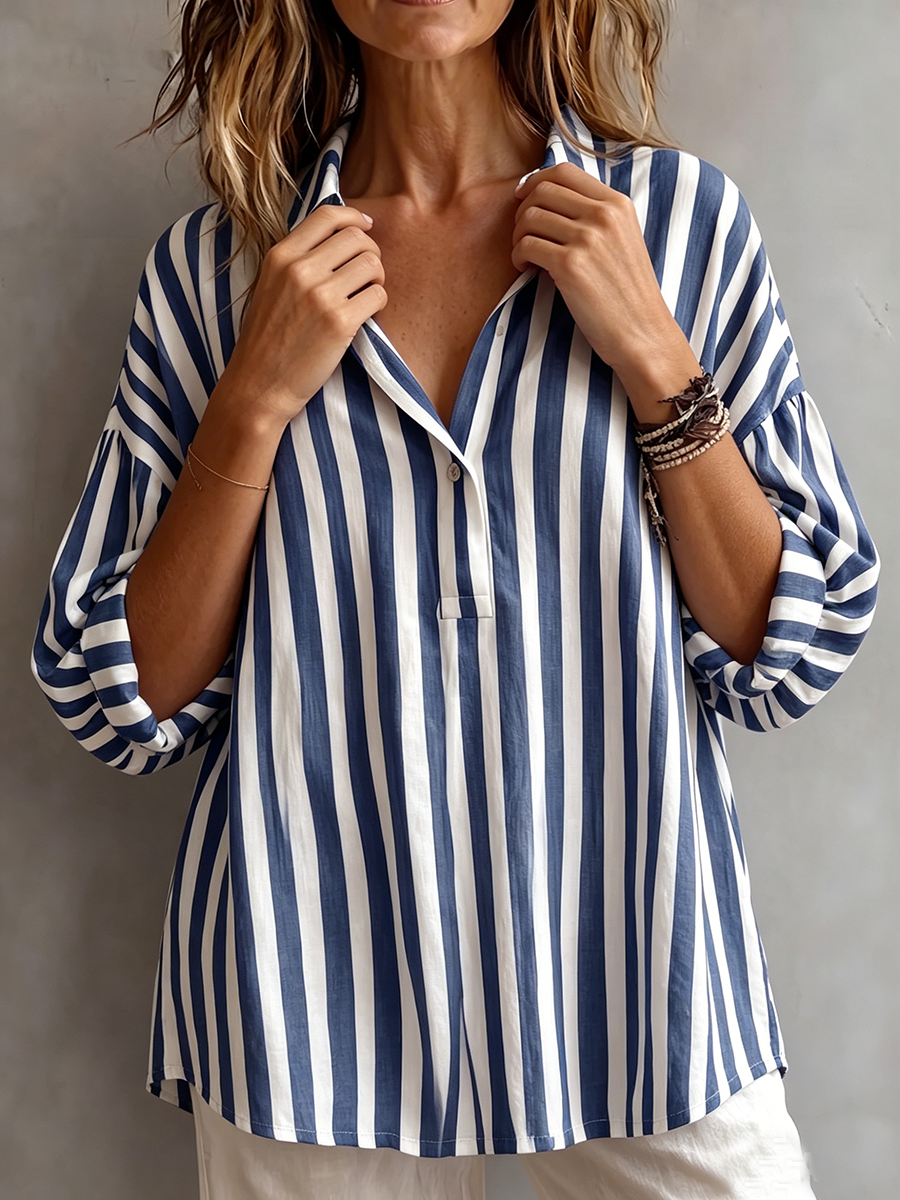 Casual Classic Striped Cotton Linen Blouse