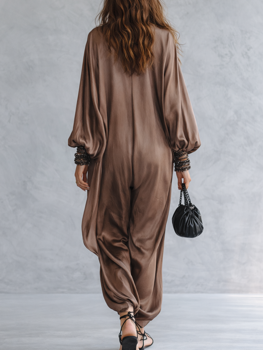 Champagne Satin Oversized Kaftan Jumpsuit With Batwing Sleeves