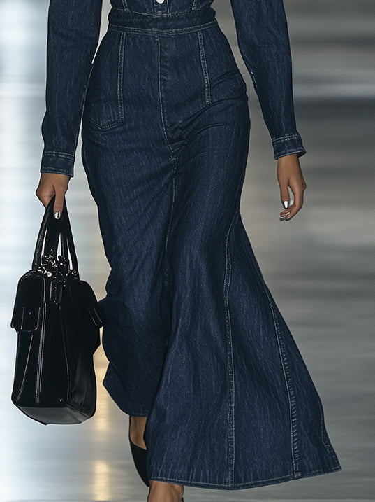 [24-hour shipping out]Casual Slim Fit Vintage Lace-up Long Sleeve Denim Maxi Dress
