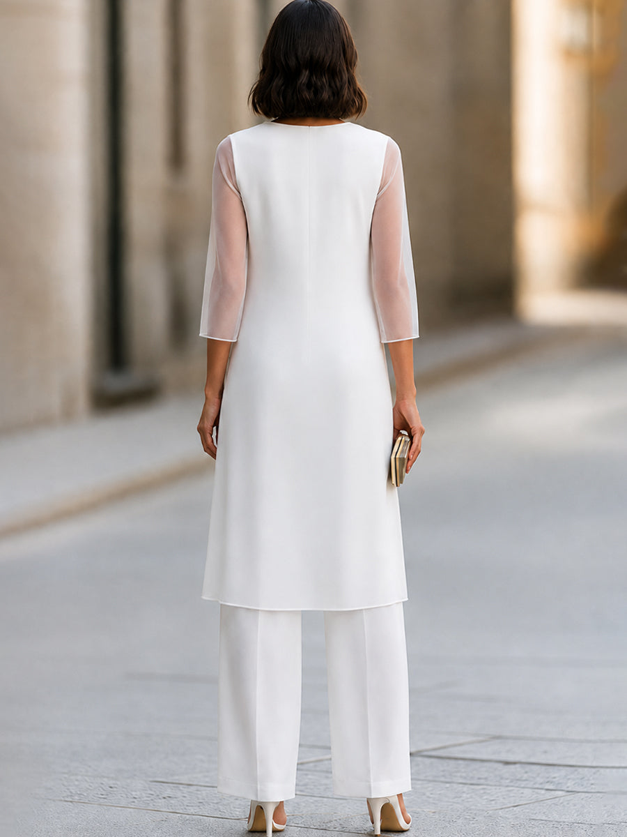 Two-Piece Set: Sheer-Sleeve Tunic Top & Wide-Leg Trousers