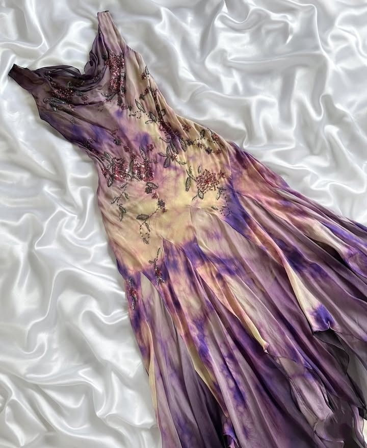 -Purple Fashion Gradient Exquisite Floral Long Chiffon Weekend Date Party Dress Popular Dress Fairy Dress