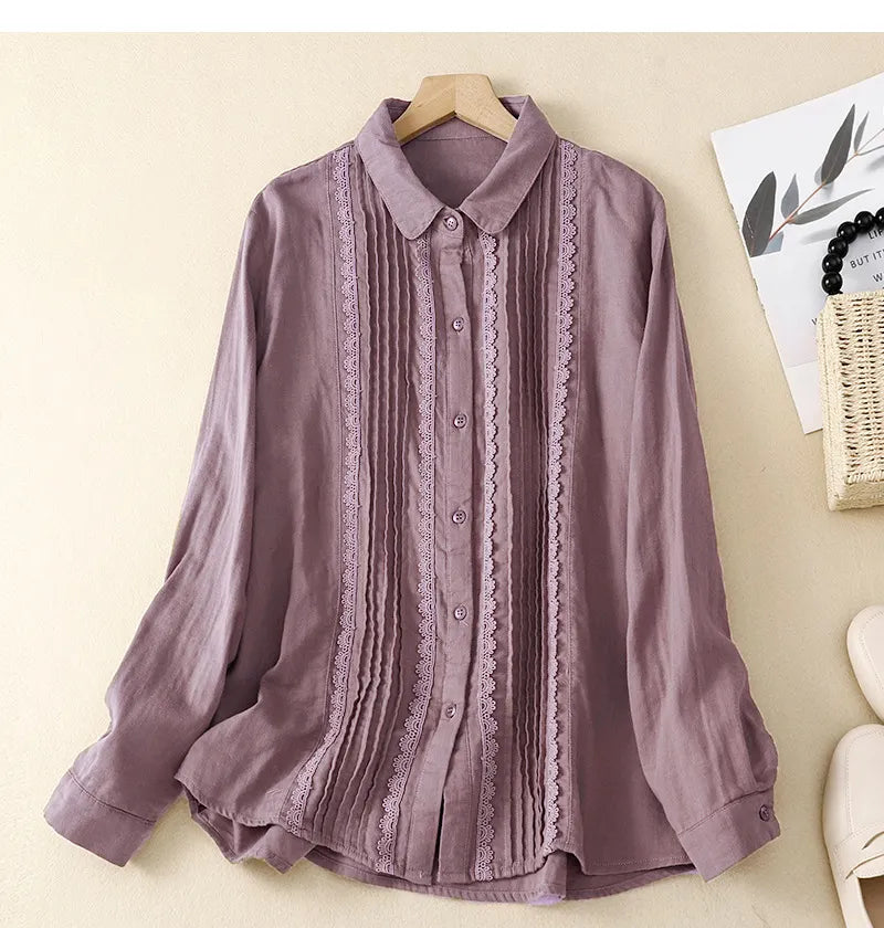 Women's Patchwork Lace Trim Linen And Cotton Pleated Shirt